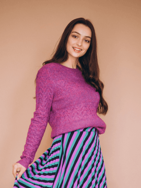 Magenta Knit Sweater and Striped Midi Skirt