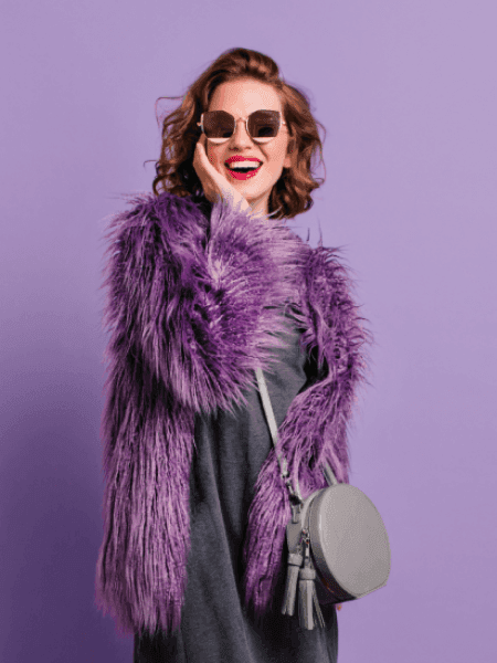 Lavender Faux Fur Jacket with Grey Dress